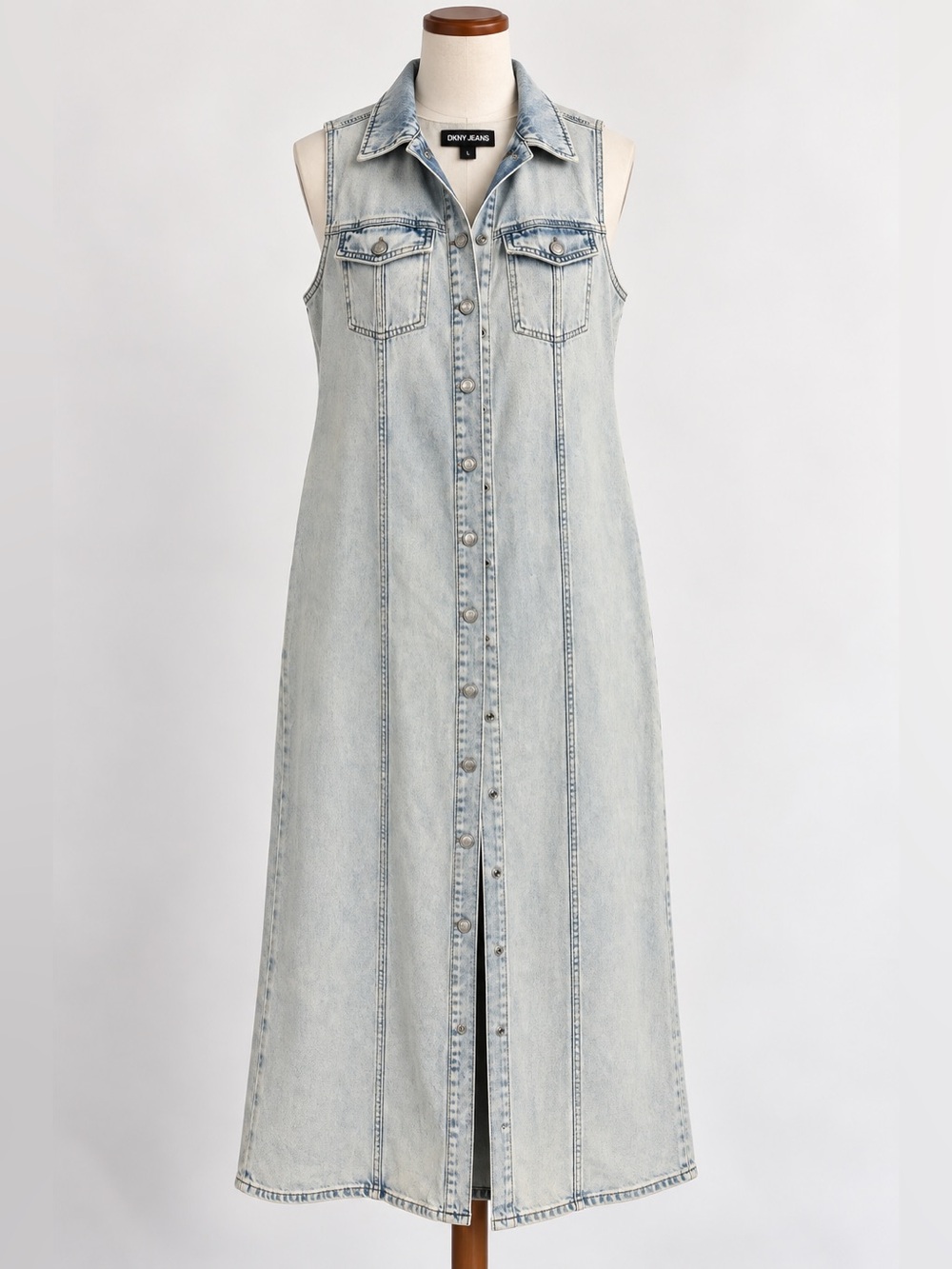 DKNY Jeans Light Wash Denim Sleeveless Maxi Shirt Dress Size L 100% Cotton